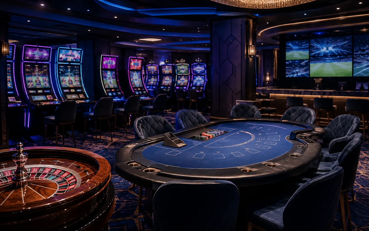 Panorama kategori permainan kasino dengan slot, meja kartu, roulette, dan layar olahraga
