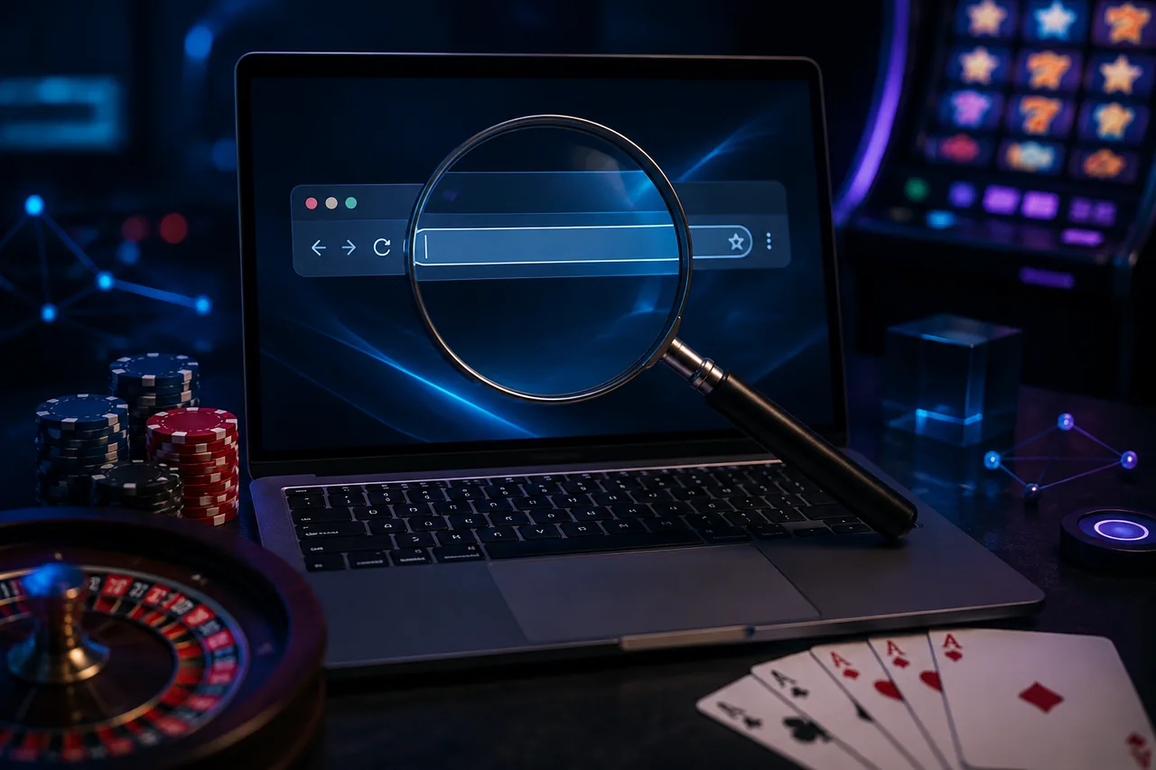 Laptop bertema kasino dengan kaca pembesar untuk memeriksa tujuan sebelum login